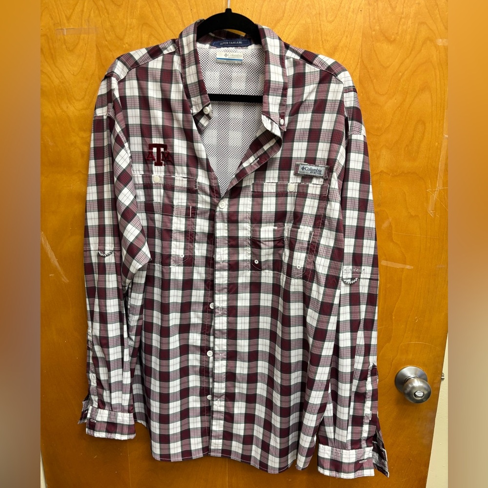 Columbia Men's Burgundy and White Plaid Shirt-Texas A&M XL